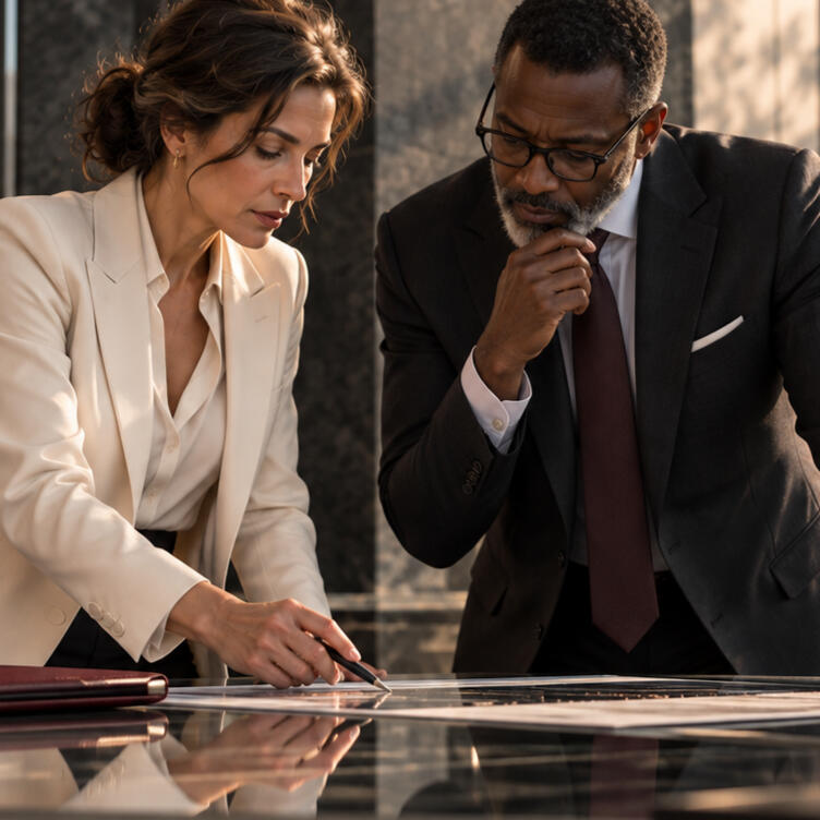 Two senior professionals reviewing executive-search evidence together